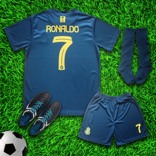 Al Nassr Ronaldo #7 Away New 2023/2024 Soccer Jersey & Shorts with Socks Set for Boys and Girls Youth Sizes