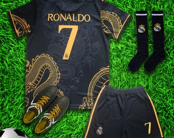 Madrid Ronaldo #7 Gold Black Dragon Limited Special Edition Soccer Jersey Kit & Shorts with Socks Set for Boys and Girls Vintage Youth Sizes