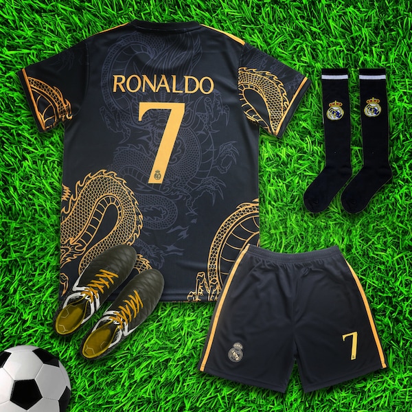 Madrid Ronaldo #7 Gold Black Dragon Limited Special Edition Soccer Jersey Kit & Shorts with Socks Set for Boys and Girls Vintage Youth Sizes