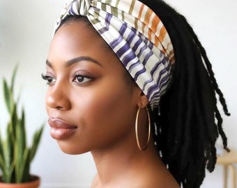 MIDI Extra Wide Adjustable Wire Head Wrap, BATIK Striped White Green Orange Purple Headband, Head Scarf For Women, Turban Hair Accessories