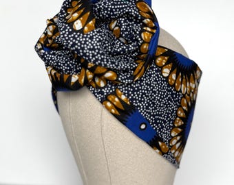 Extra Long Wide Adjustable Wire Wrap Navy White Brown Ankara Print Headband, Wired Tribal African Fabric Head Wrap, Accessories, Turban