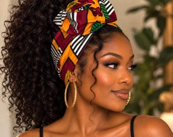 Extra Wide Adjustable Wire Wrap, African Tribal Print Wired Headband, Deep Red Yellow Green African Fabric Head Wrap, Afro Boho Turban
