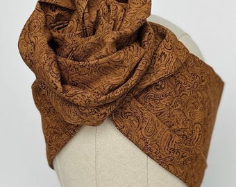 Extra Long Wide Bendable Wire Wrap,  Brown Paisley Print, Cotton Fabric Fall Headband, Turban Head Scarf, Bandana Accessories For Women