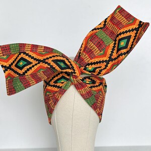 Extra Wide Adjustable Wire Headband African Kente Print, Black Orange, Boho Wired Headband, Fabric Head Wrap, Turban, Gift for Her, Scarf