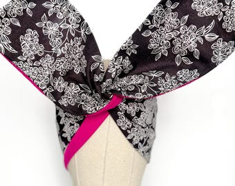 Extra Wide Reversible BENDABLE Wire Headband, Black White Pink Floral Print, Spring Summer Wired Head Wrap, Turban Accessories, Head Scarf