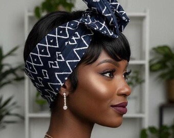 Extra Wide Adjustable Wire Headband, Navy Blue White Tribal Print, Boho Wired Headband, Fabric Head Wrap, Turban, Gift idea, Bendable Scarf
