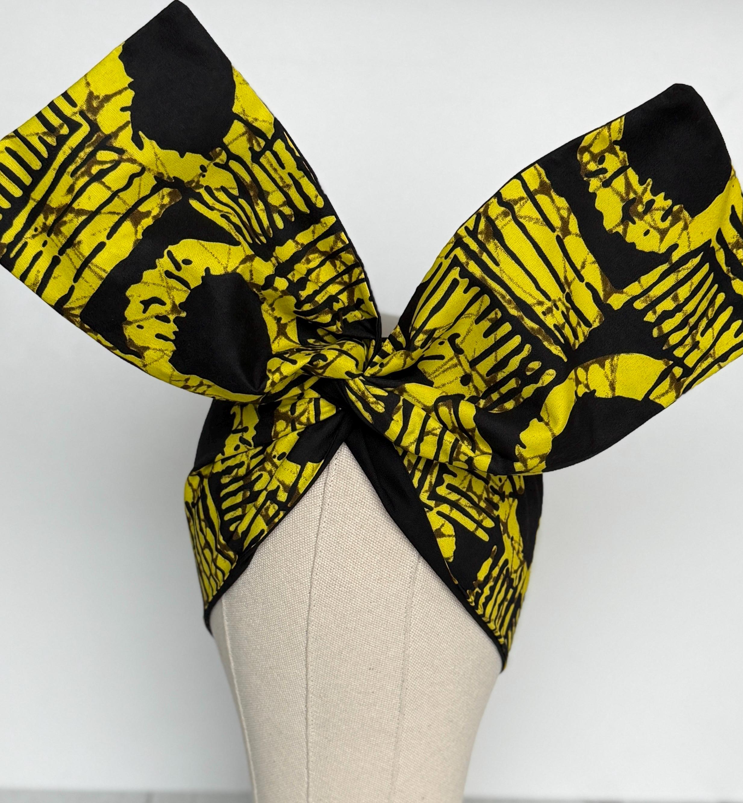 Extra Wide Adjustable Wire Wrap, Ankara Wired Headband, Yellow & Black African Fabric Head Wrap, Ankara Afro Boho Accessories