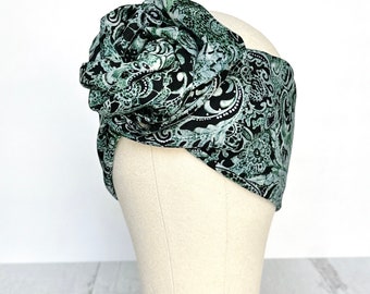 Extra Long & Wide Wire Adjustable Wrap Head Wrap, Green Abstract Floral Print, Wired Headband, Turban, Accessories For Women