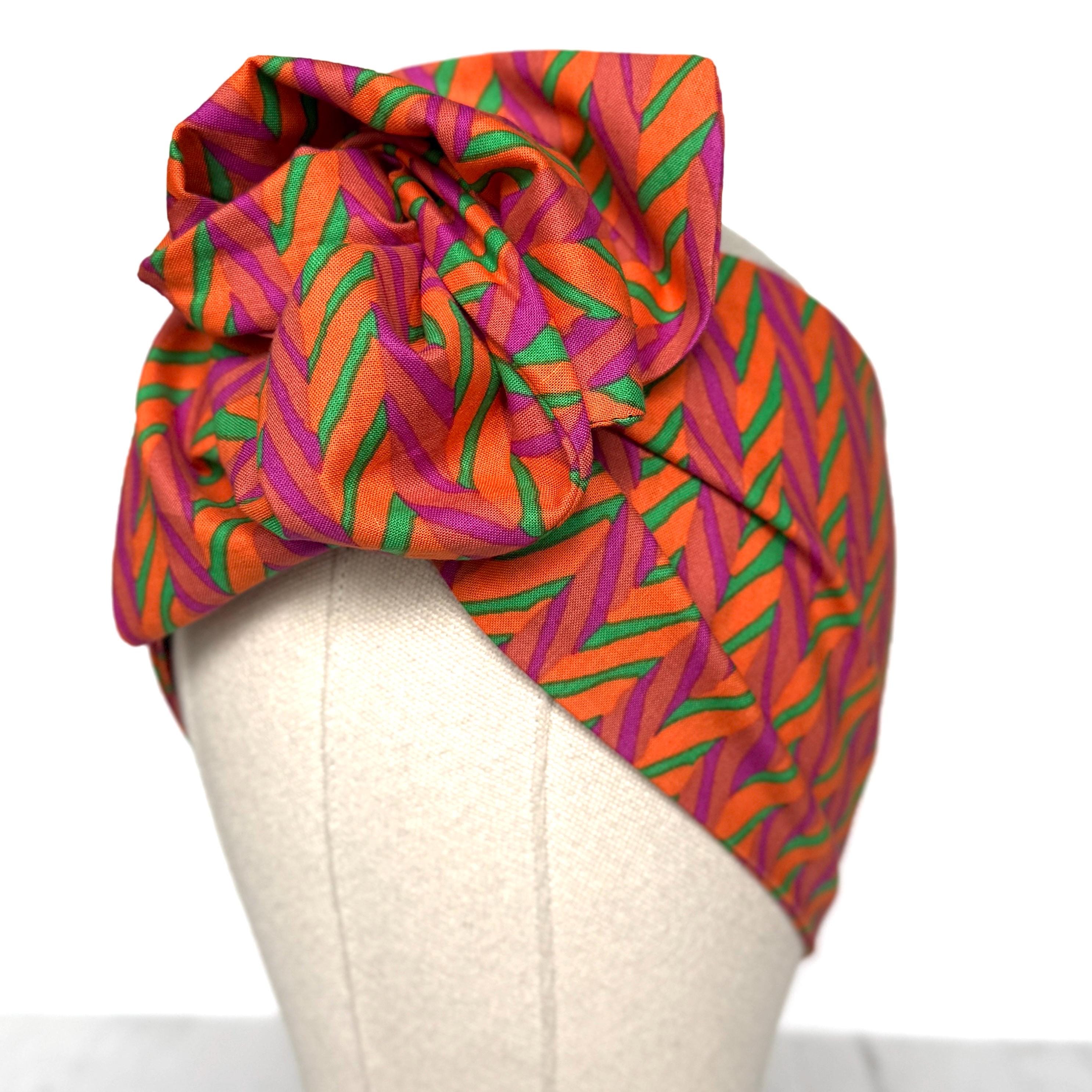 Extra Wide Adjustable Wire Wrap, Orange Pink Green Geometric Print Wired Headband, Fabric Head Wrap, Boho Head Scarf Accessories