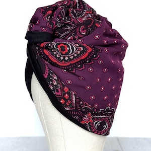 Helt turbanhårband med tråd, vändbart extra brett djupt plommonfärgat paisleymönster med tråd, tyghuvudband, afro boho accessoarer för kvinnor