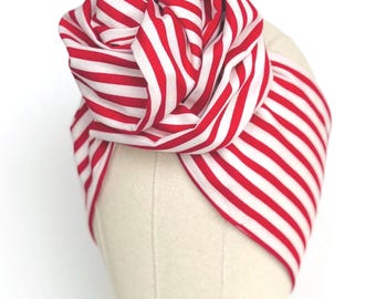 Extra Long Wide Adjustable Wire Headband, Striped Red White Pattern, Wired Headband, Fabric Head Wrap, Turban Women Accessories