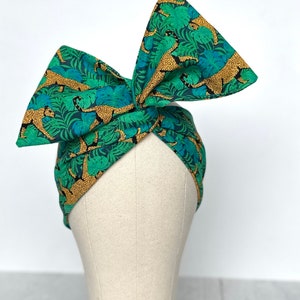 Fascia per capelli regolabile extra larga con filo metallico, stampa leopardata tropicale, verde acqua e oro, fascia per capelli boho con filo metallico, fascia per capelli retrò, turbante, regalo per lei, sciarpa