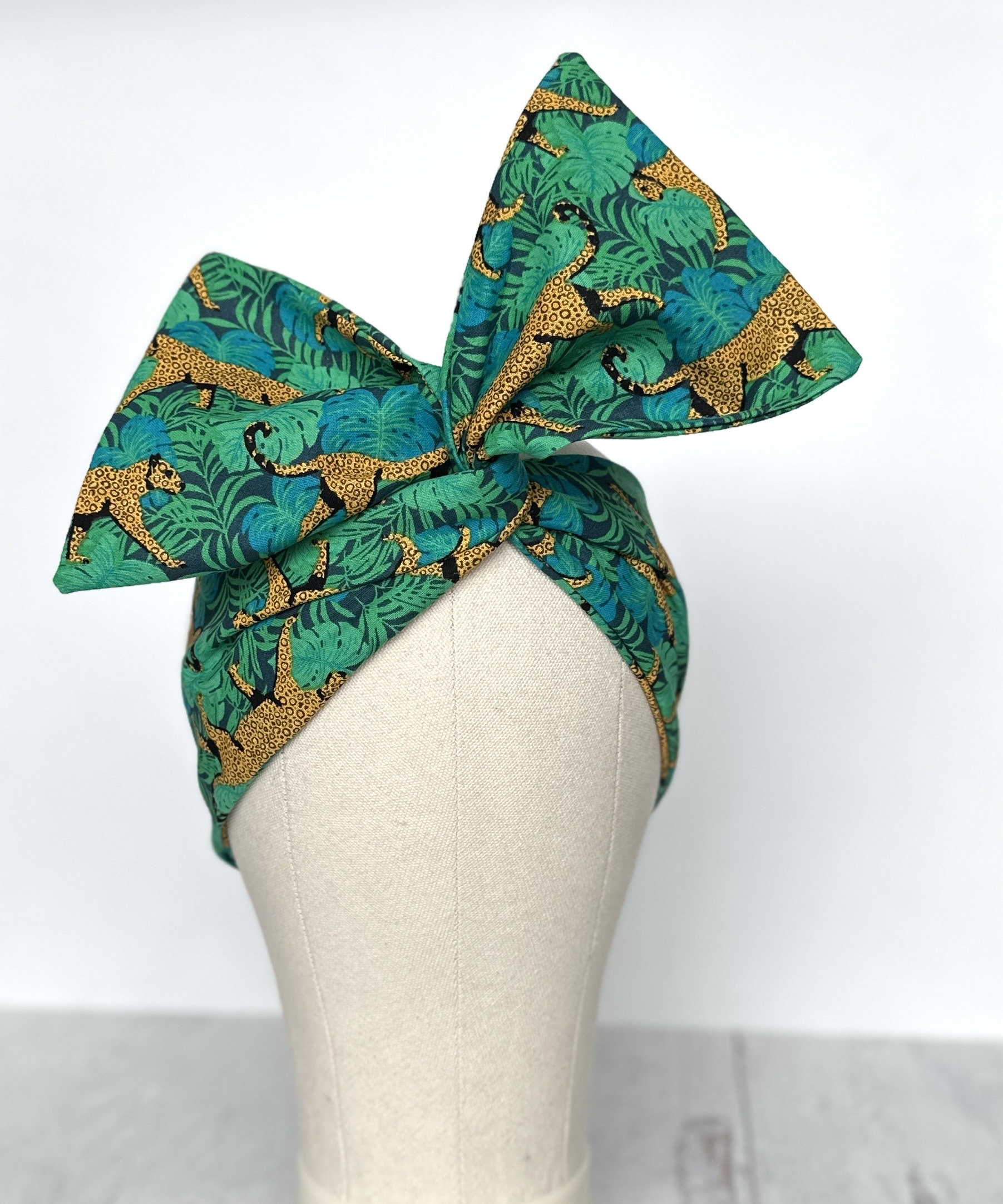 Extra Wide Adjustable Wire Headband, Tropical Leopard Print, Teal Gold, Boho Wired Headband, Retro Head Wrap, Turban, Gift for Her, Scarf