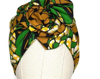 Extra Wide Adjustable Wire Wrap, Ankara Wired Headband, Green Tan Black African Fabric Head Wrap, Ankara Afro Boho Accessories