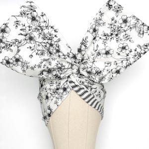 Extra Wide Adjustable Wire Headband, Reversible White & Black Floral Wired Head Wrap, Turban, Fashion Hair Accessories for Women