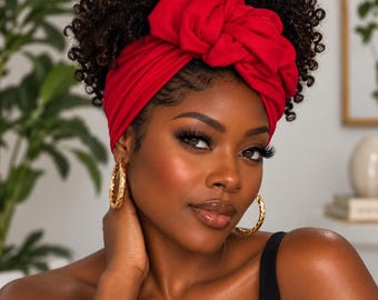 Long Wide Adjustable Wire Headband, Red Solid Colored, Wired Head Scarf, Fabric Head Wrap, Bendable Turban Women Nurse Mom, No Slip