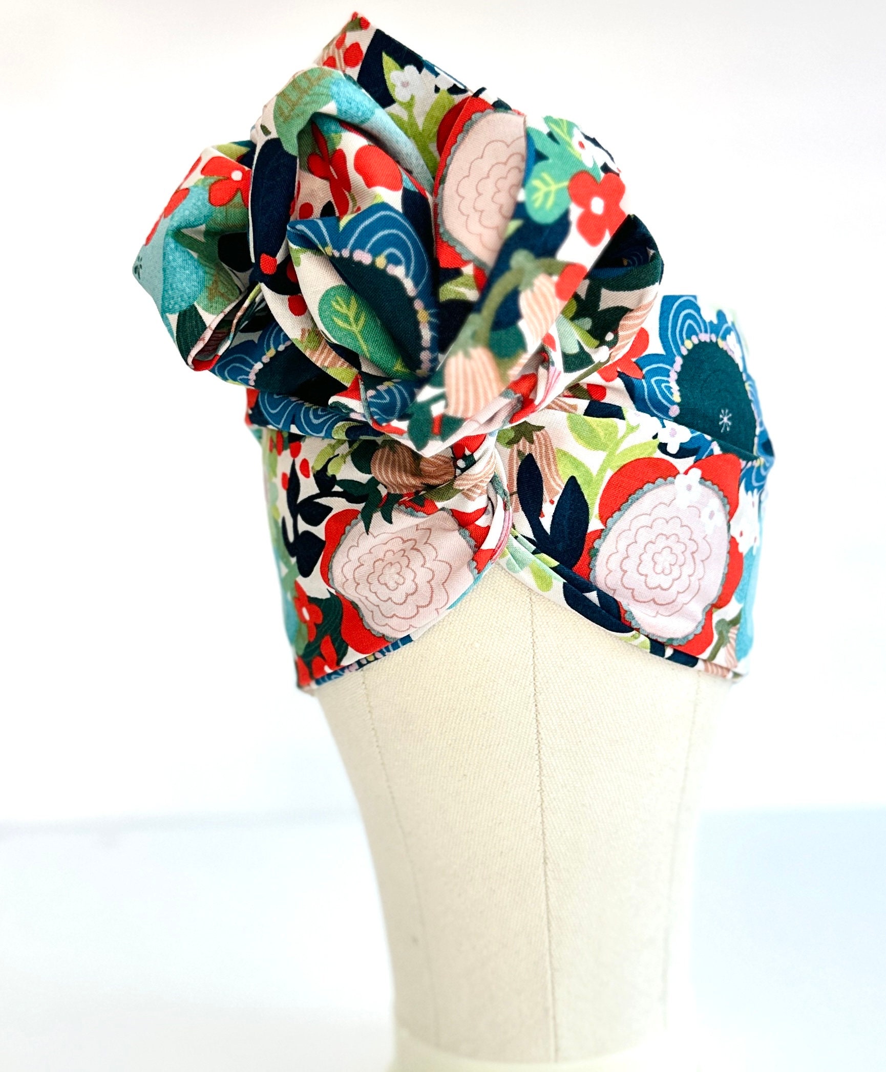 Extra Long Wide Wire Wrap Head Wrap, Red Blue Floral, Wired Head Band