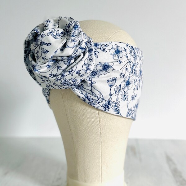 Extra Long Wide Adjustable Wire Head Wrap, White Blue Floral Print, Wired Head band, Turban,  Mother’s Day Gift Headband Wrap, Accessories
