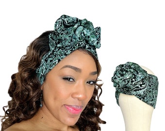 Extra Long Wide Adjustable Wire Wrap Headband, Black & Green Ornate Floral Print , Wired Headband, Fabric Head Wrap , Turban, Accessories,