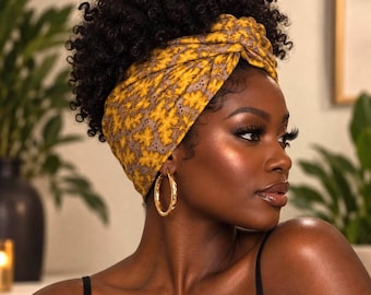 Extra Wide Adjustable Wire Headband, Fall Mustard Brown Taupe Leaf Print, Fabric Wired Head Wrap, Turban, No Slip, Bendable Scarf