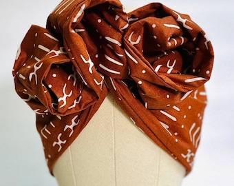Extra Long Wide Adjustable Wire Headband, Burnt Orange Tribal Pattern, Wired Headband, Fabric Head Wrap, Turban, Boho Accessories, Women