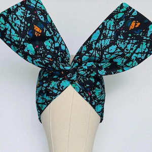 Extra Wide Adjustable Wire Wrap, Ankara Wired Headband, Teal Black Absrtract African Fabric Head Wrap, Ankara Afro Boho Accessories