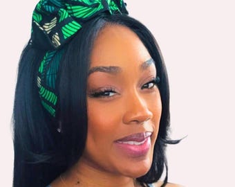 Extra Wide Adjustable Wire Wrap, Ankara Wired Headband, Green & Black African Fabric Head Wrap, Ankara Afro Boho Accessories