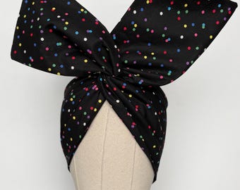 Extra Wide Adjustable Wire Headband, Black Multicolored Polka Dot Print Wired Headband, Bendable Head Wrap, Turban Accessories, Head Scarf