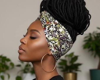 Extra Wide Adjustable Wire Wrap, Black White Green Purple Abstract Print Wired Headband, Fabric Head Wrap, Boho Head Scarf Accessories