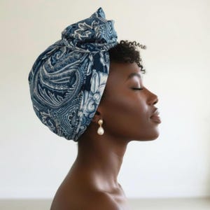 Full Turban Wire Headband, Reversible Extra Wide Navy Teal White Floral Paisley Wired Headband, Fabric Head Wrap, Boho Women Accessories