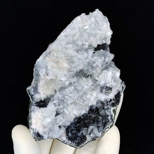 May include: A mineral specimen featuring a cluster of translucent, white, crystalline structures set against a dark, textured base. The jagged, irregular formation displays numerous small, sharp points that catch the light, contrasting with the deep black, porous material underneath the crystalline growth.