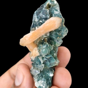 Op de afbeelding: Een cluster van teal-kleurige kristallen met een opvallende, lichtoranje kristalformatie. De kristallen hebben een ruwe, getextureerde uitstraling en staan tegen een zwarte achtergrond. Het mineraal wordt in een hand gehouden.