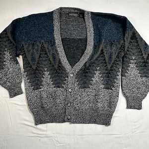 Vintage Herren Strickjacke, Größe L, blau-grau, geometrisches Bergmuster, Opa/Papa
