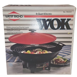 West Bend 6-liters elektrisk wok, rött lock, non-stick, vintage USA-spis