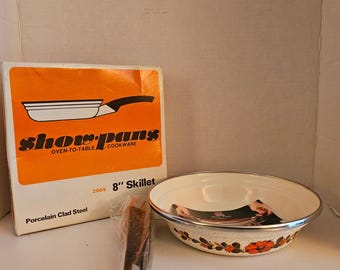 MCM NIB Sanko Show-Pans 8 Inch Skillet Porcelain Clad Steel Poppy Floral Japan