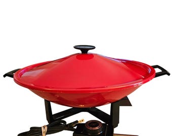 MCM 70s West Bend Electric Wok Red Vintage 5109 1000W Non-Stick 14 Inch Lid USA