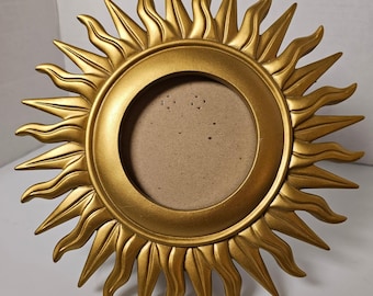 Vintage 90s Gold Sunburst Sun Ray Circular Photo Frame Celestial Decor 8"