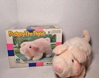 Vintage Pudgey Piglet Battery Walking Plush Toy Box Untested Kawaii Cottagecore