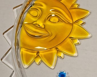 1990s Celestial Sun Moon Stars Glass Serving Platter Round Amber Blue 12.5 Inch