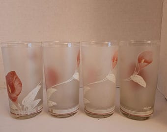 MCM Noritake Design Frost Calla Lily Highball Tumbler Glass Set 4 Peach Floral