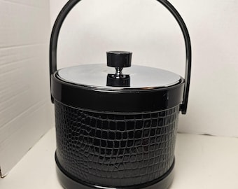 Wiaderko na lód MCM w kolorze czarnym, imitacja krokodyla, chromowana pokrywka, styl Mid Century Modern Barware, Japonia