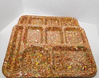 Vintage Orange Red Yellow Confetti Melamine Cafeteria Tray 6 Compart MCM 2pc