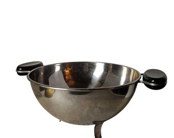 MCM 50s Vintage Stainless Steel Footed Colander Black Bakelite Handles Strainer