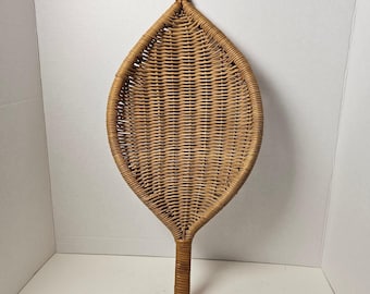 Vintage Wicker Rug Beater Hand Woven Rattan Leaf Shape Wall Decor 20 Inch Boho