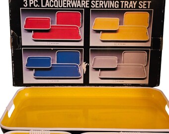 Vintage 70er Jahre Gelb Lacquerware Serviertablett Set 3 Pc Made Japan Retro MCM-1012
