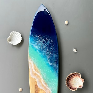 Surfboard epoxy resin table, marine decoration, wooden surfboard, ocean art, surf art, tropical art resin, Hawaii beach art, beach house image 1