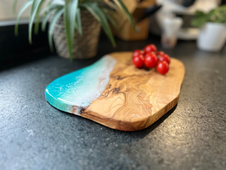 Olive wood board with sea waves made of epoxy resin, olive wood with epoxi, cutting board, breakfast board image 3