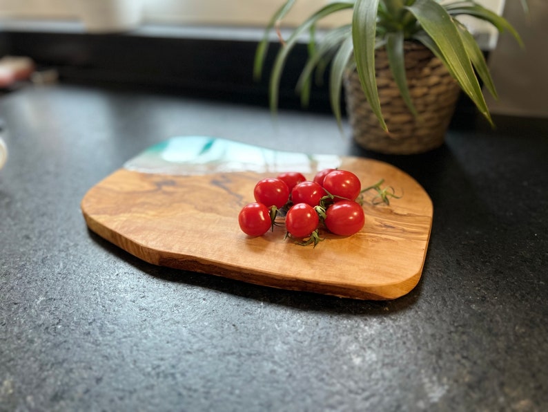 Olive wood board with sea waves made of epoxy resin, olive wood with epoxi, cutting board, breakfast board image 2