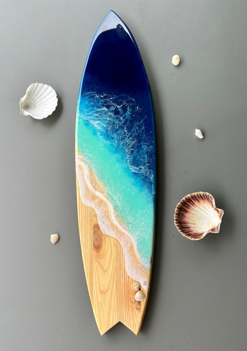 Surfboard epoxy resin table, marine decoration, wooden surfboard, ocean art, surf art, tropical art resin, Hawaii beach art, beach house image 1