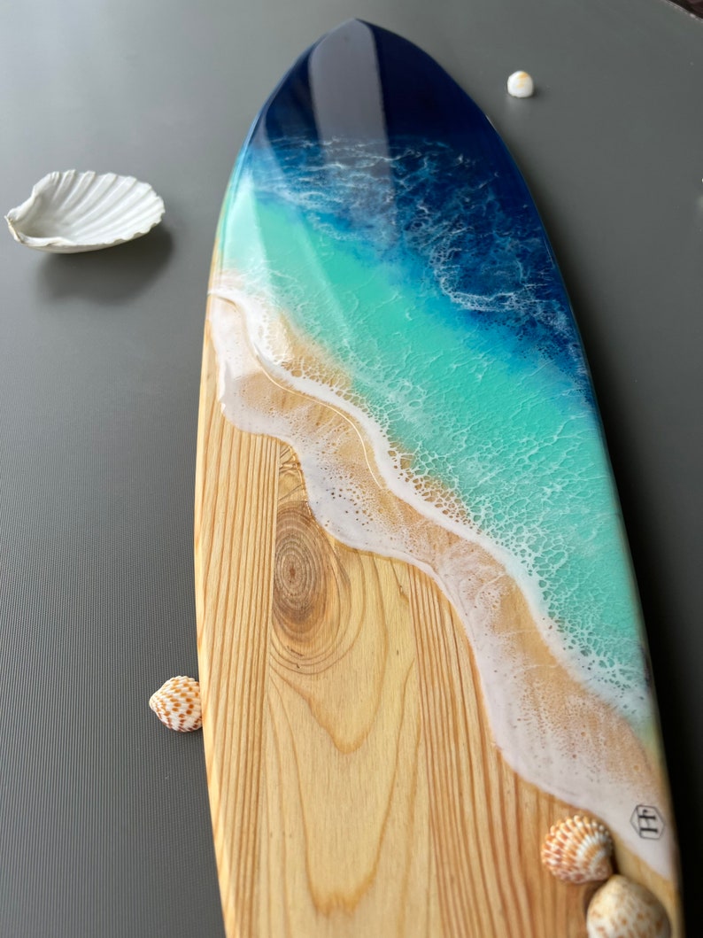 Surfboard epoxy resin table, marine decoration, wooden surfboard, ocean art, surf art, tropical art resin, Hawaii beach art, beach house image 3